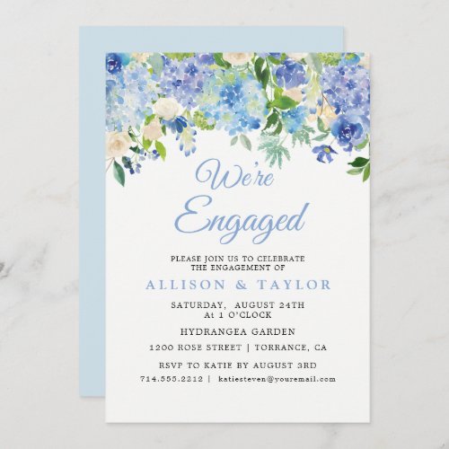 Dusty Blue Watercolor Hydrangea Engagement Party Invitation