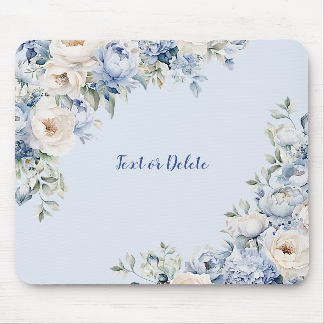 Dusty Blue Watercolor Ivory Flowers Leaves Mouse Pad (Front)
