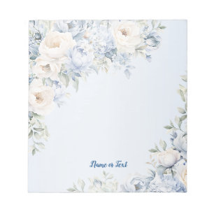 Dusty Blue Watercolor Ivory Flowers Leaves Rustic Notepad