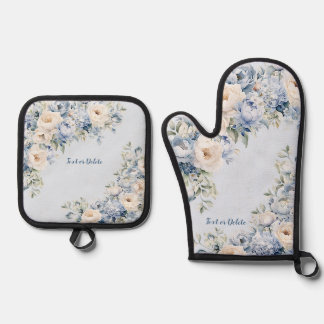 Dusty Blue Watercolor Ivory Flowers Leaves Rustic Oven Mitt & Pot Holder Set