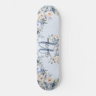 Dusty Blue Watercolor Ivory Flowers Leaves Rustic Skateboard