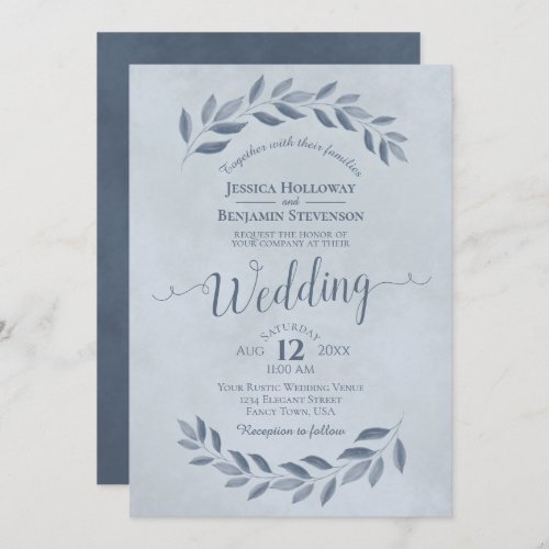 Dusty Blue Watercolor Laurel Leaves Wedding Invitation