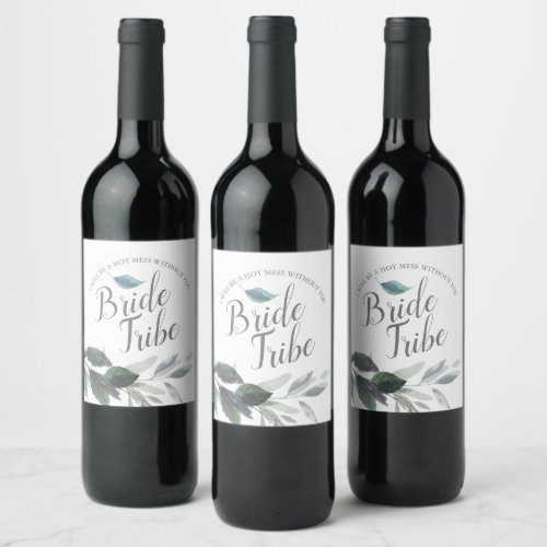 Dusty Blue Watercolor Leaves Bridesmaid Proposal Wine Label