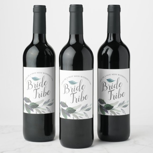 Dusty Blue Watercolor Leaves Bridesmaid Proposal Wine Label (Bottles)