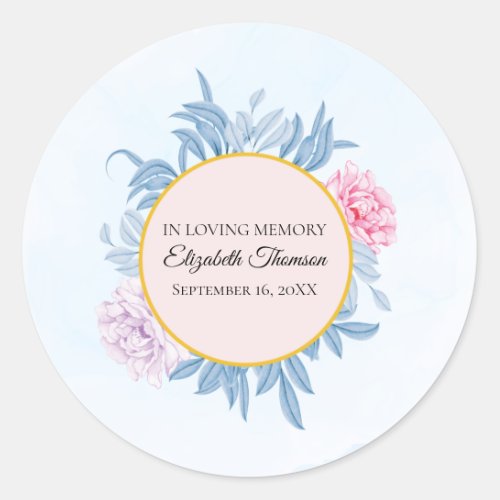 Dusty Blue Watercolor Leaves Memorial Funeral Classic Round Sticker