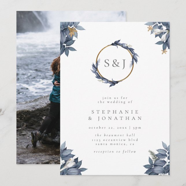 Dusty Blue Watercolor Leaves Monogram Wedding Invitation (Front/Back)