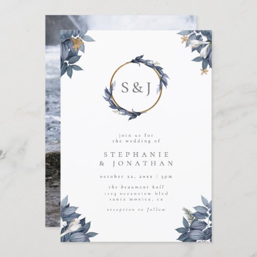 Dusty Blue Watercolor Leaves Monogram Wedding Invitation