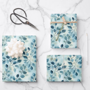 Dusty Blue Watercolor Leaves Wrapping Paper Sheets