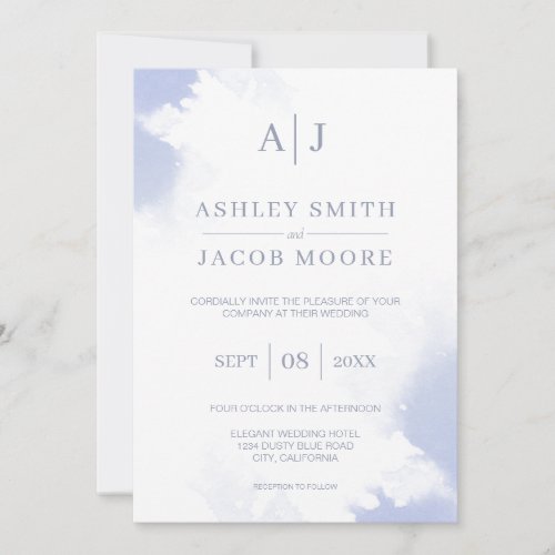 Dusty Blue Watercolor Minimalist Monogram Wedding Invitation