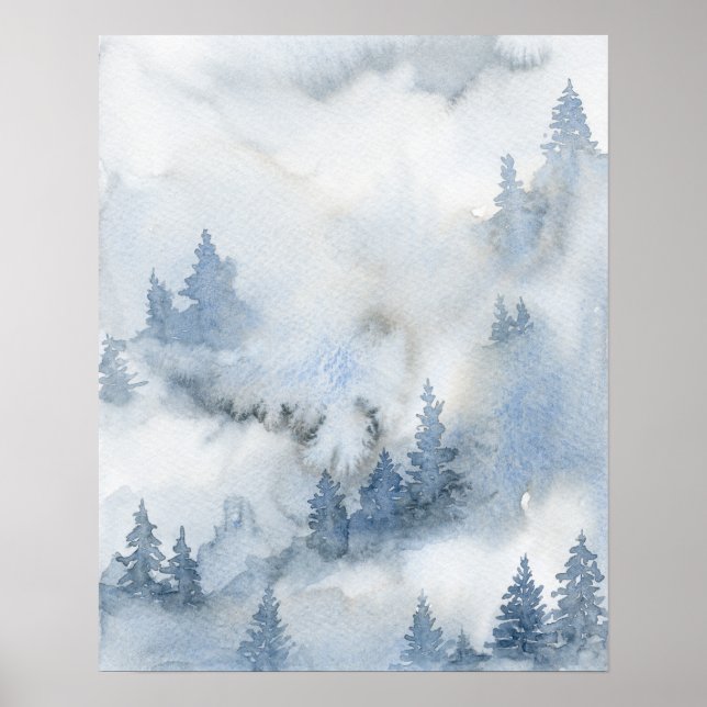 Dusty Blue Watercolor Misty Abstract Forest   Poster (Front)