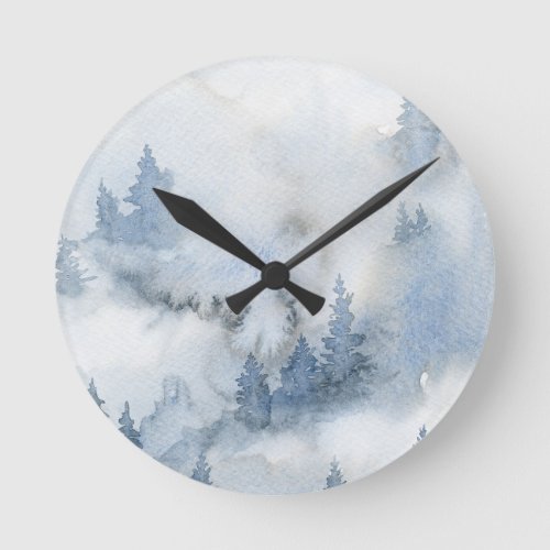 Dusty Blue Watercolor Misty Abstract Forest  Round Clock