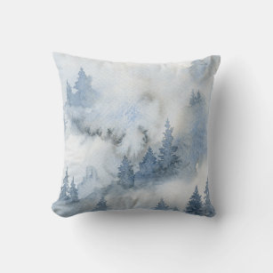 Dusty Blue Watercolor Misty Abstract Forest    Throw Pillow