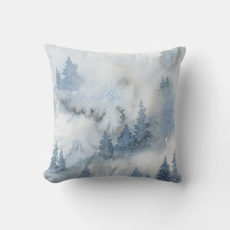 Dusty Blue Watercolor Misty Abstract Forest Throw Pillow