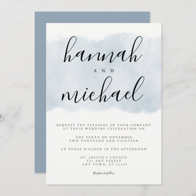 Dusty Blue Watercolor Modern Simple Wedding Invitation (Front/Back)