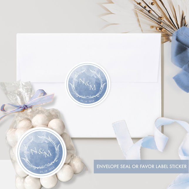 Dusty Blue Watercolor Monogram Envelope Seal/Favor Classic Round Sticker (Creator Uploaded)