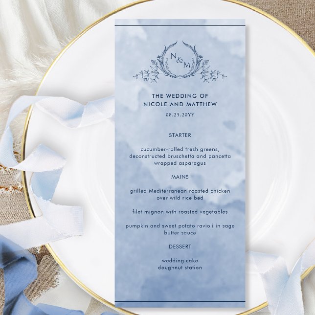 Dusty Blue Watercolor Monogrammed Wedding Menu (Creator Uploaded)