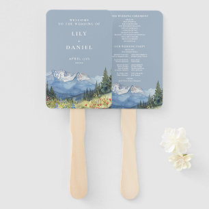 Dusty Blue Watercolor Mountain Wedding Program Hand Fan