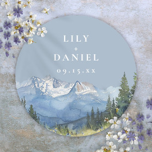 Dusty Blue Watercolor Mountain Wildflower Wedding Classic Round Sticker