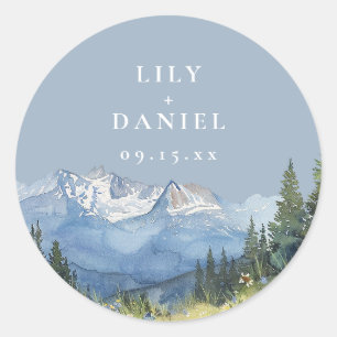 Dusty Blue Watercolor Mountain Wildflower Wedding Classic Round Sticker