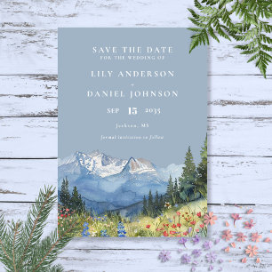 Dusty Blue Watercolor Mountain Wildflower Wedding Save The Date