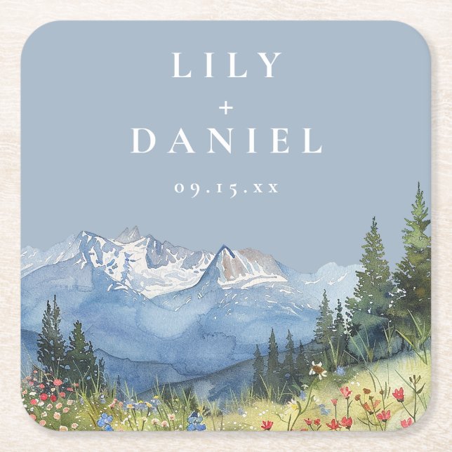 Dusty Blue Watercolor Mountain Wildflower Wedding Square Paper Coaster (Front)