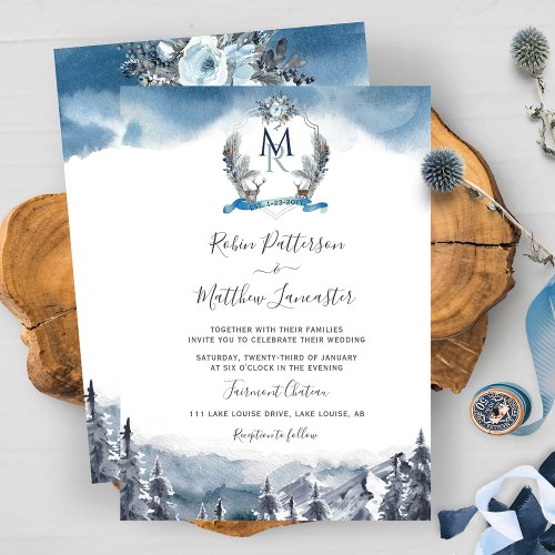 Dusty Blue Watercolor Mountains and Crest Wedding Invitation