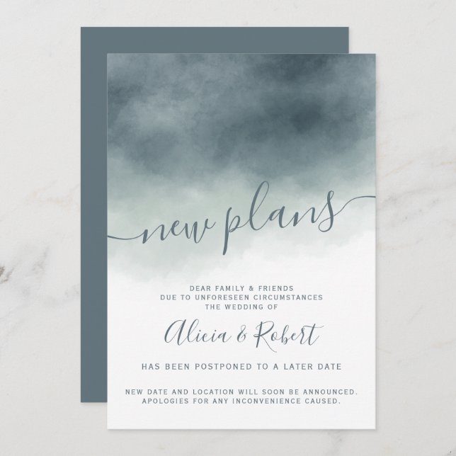 Dusty blue watercolor ombre postponed new plans invitation (Front/Back)