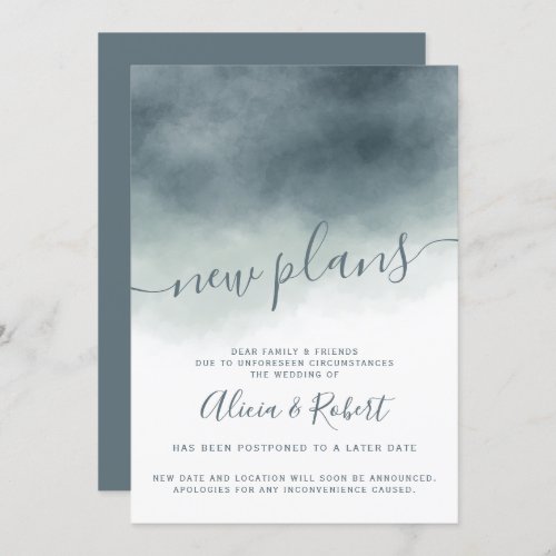 Dusty blue watercolor ombre postponed new plans invitation