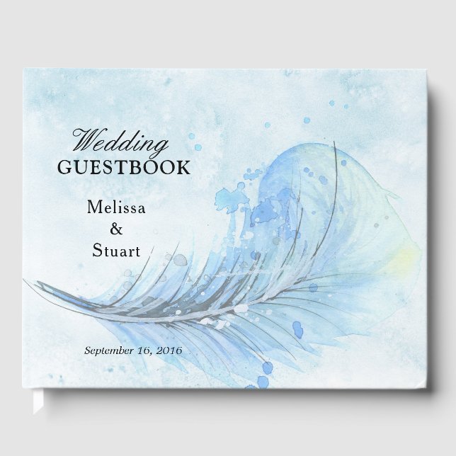 Dusty blue watercolor painted feather Wedding Guest Book (Front)