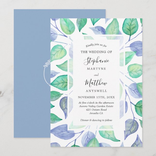 Dusty Blue Watercolor Painted Foliage Wedding Invitation (Front/Back)