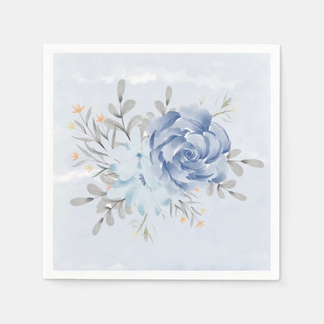 Dusty Blue Watercolor Peonies Wedding Napkins (Front)