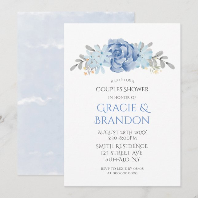 Dusty Blue Watercolor Peony Couple Shower Invites (Front/Back)