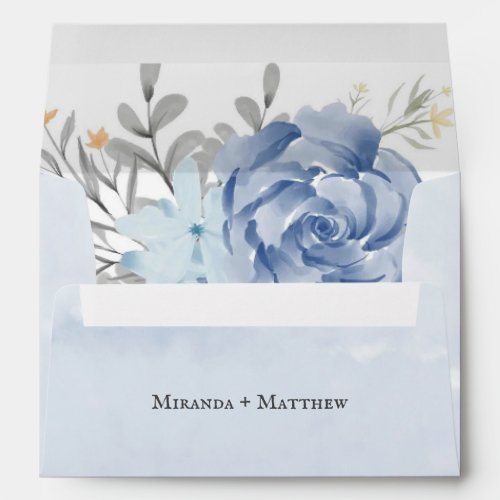 Dusty Blue Watercolor Peony Personalized Wedding Envelope