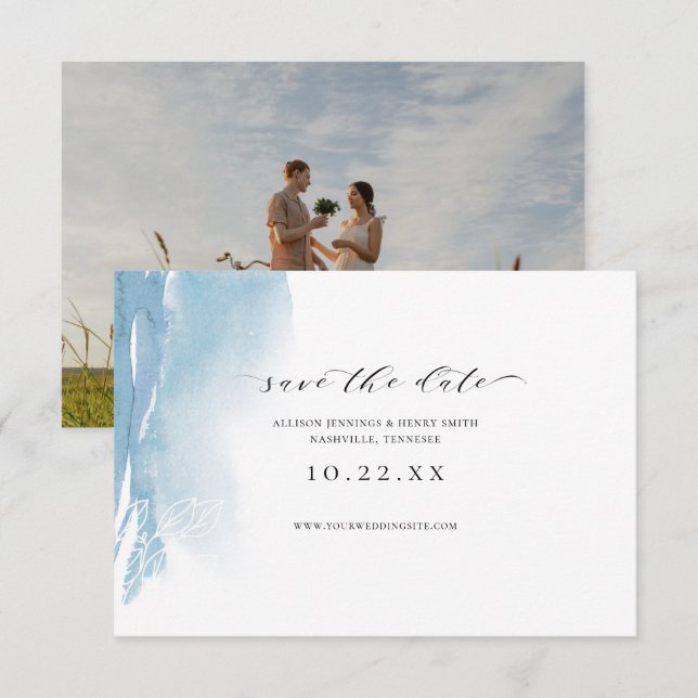 Dusty Blue Watercolor Photo Save the Date  (Front/Back)