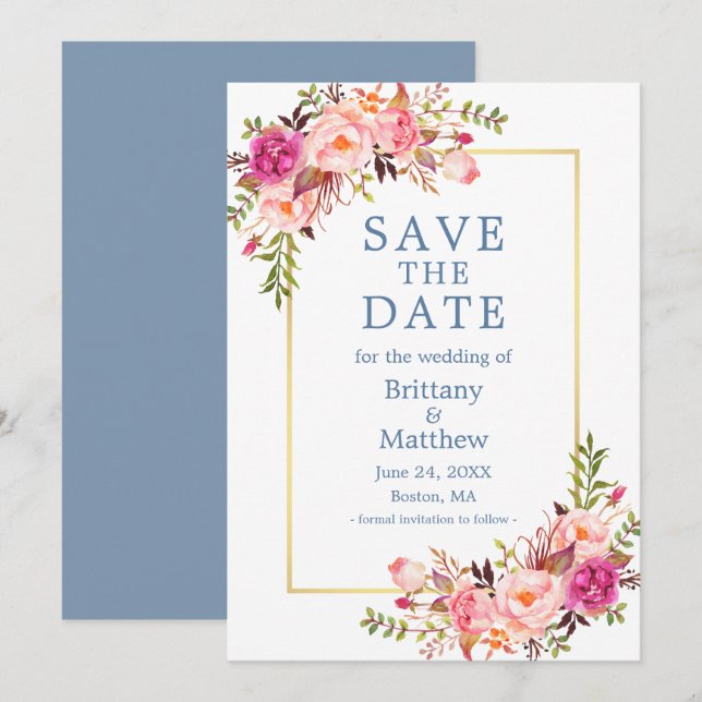 Dusty Blue Watercolor Pink Roses Save The Date (Front/Back)