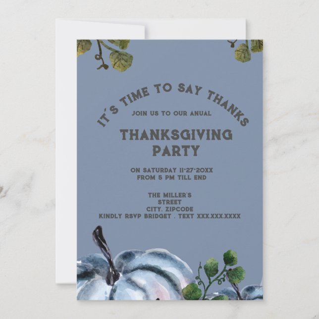 dusty blue watercolor pumpkin thanksgiving party  (Front)