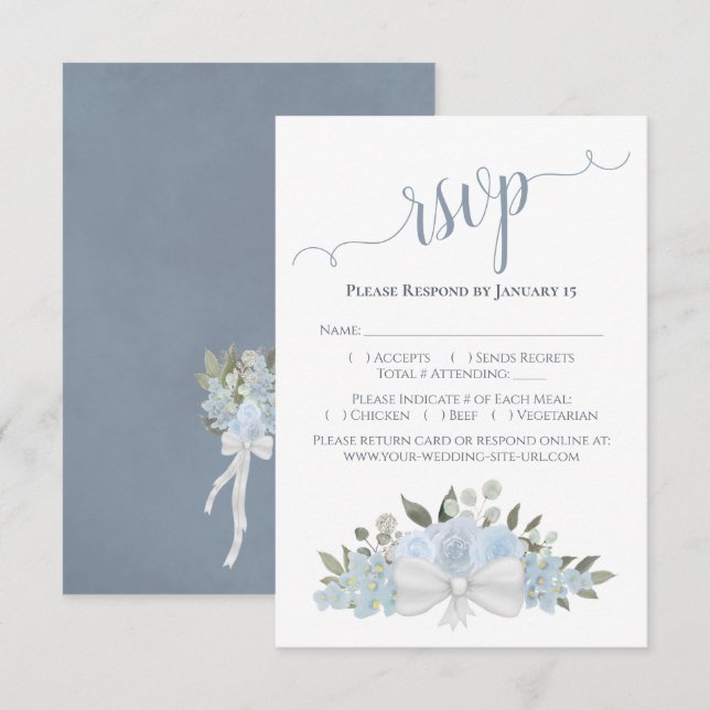 Dusty Blue Watercolor Roses & Blossoms Wedding RSVP Card (Front/Back)