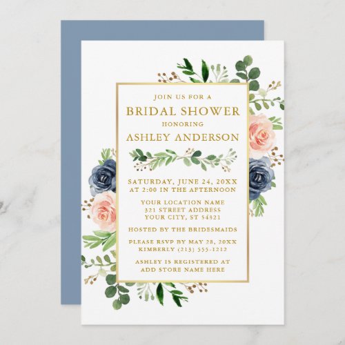 Dusty Blue Watercolor Roses Bridal Shower Gold Invitation