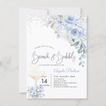 Dusty Blue Watercolor Roses Brunch Bubbly Invitation by custom_stationery at Zazzle
