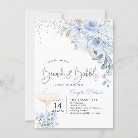 Dusty Blue Watercolor Roses Brunch Bubbly Invitation
