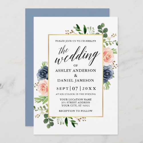 Dusty Blue Watercolor Roses Calligraphy Wedding Invitation