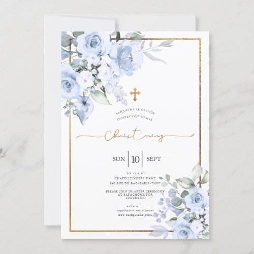 Dusty Blue Watercolor Roses Christening Invitation