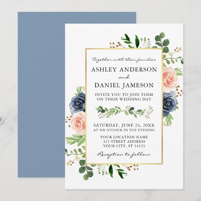 Dusty Blue Watercolor Roses Greenery Wedding Invitation (Front/Back)