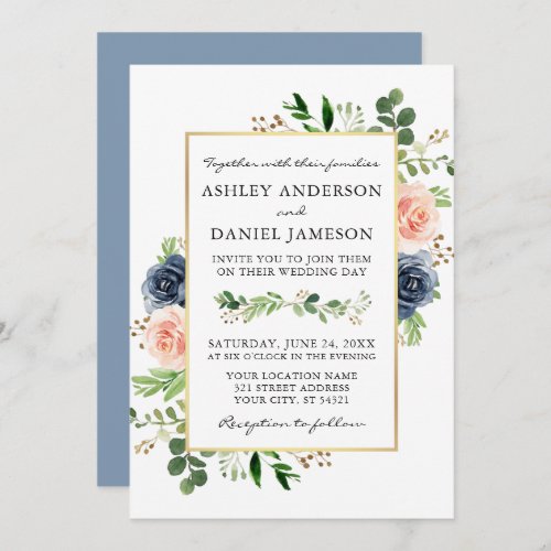 Dusty Blue Watercolor Roses Greenery Wedding Invitation