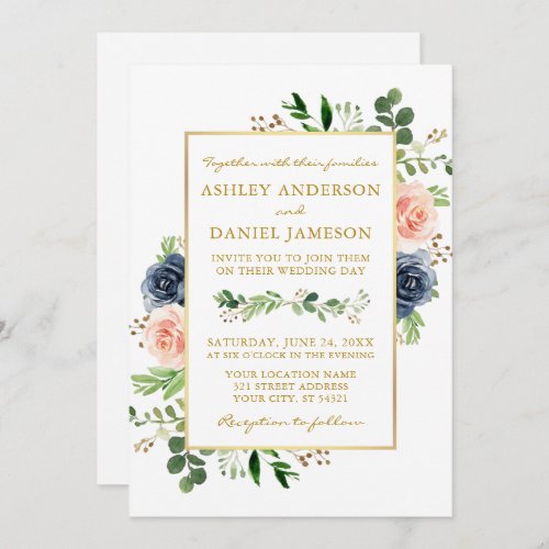 Dusty Blue Watercolor Roses Photo Gold Wedding Invitation