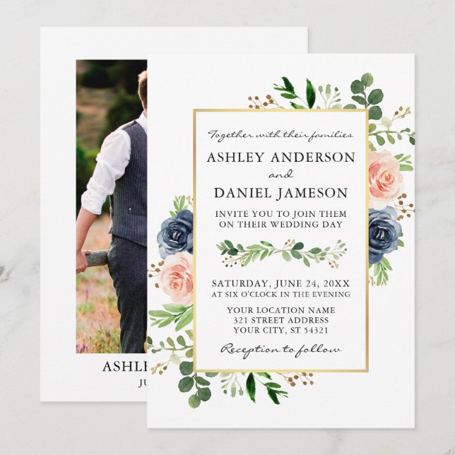 Dusty Blue Watercolor Roses Photo Wedding Invitation (Front/Back)
