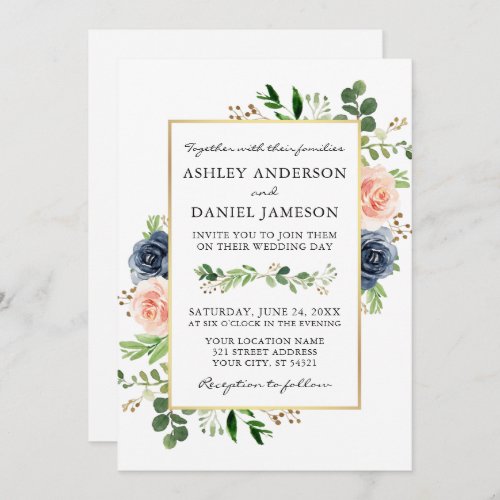 Dusty Blue Watercolor Roses Photo Wedding Invitation