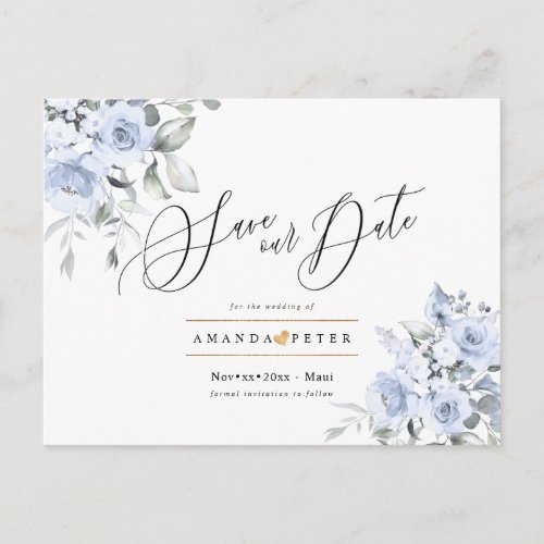 Dusty Blue Watercolor Roses Save the Date Postcard