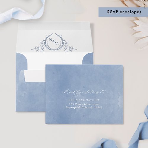 Dusty Blue Watercolor RSVP w Return Address Crest Envelope