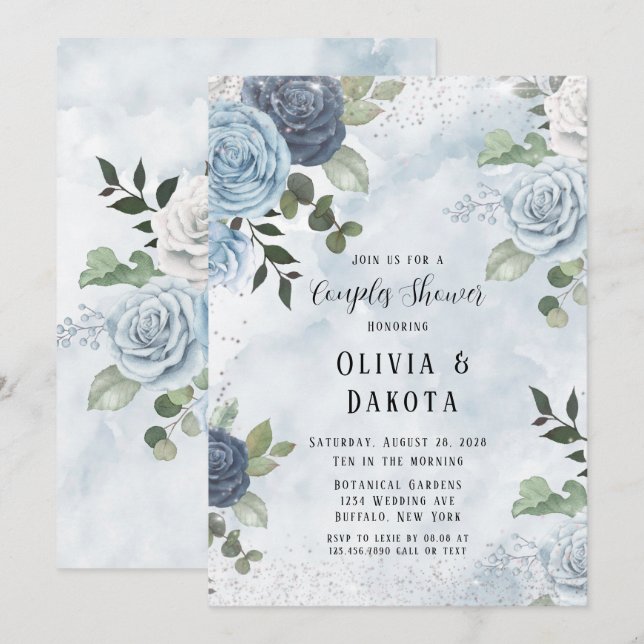 Dusty Blue Watercolor Rustic Floral Couples Shower Invitation (Front/Back)